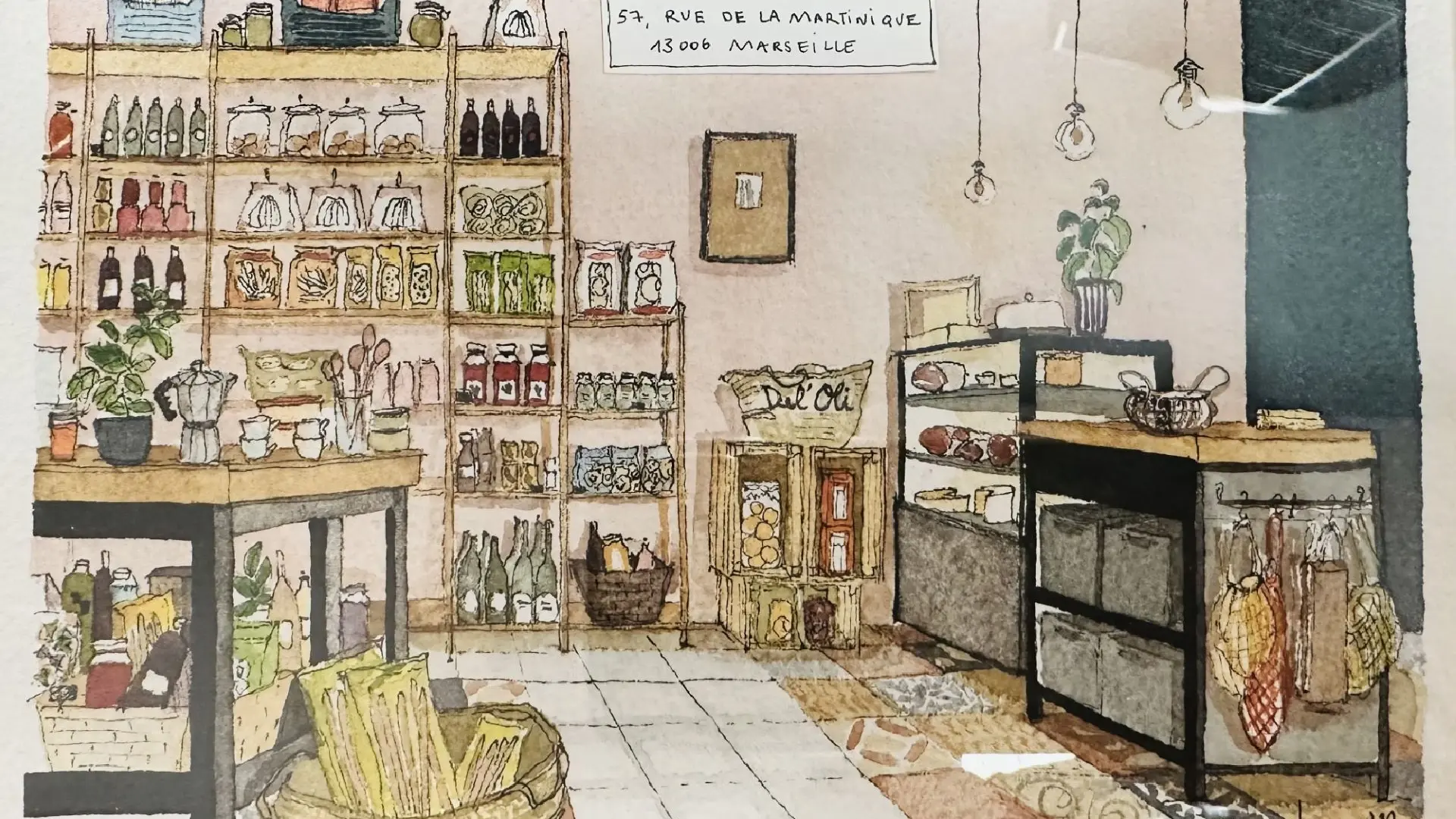dessin aquarelle de l'intérieur du commerce