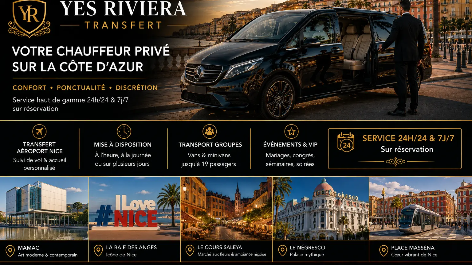 Transport privé en van et minivan à Nice – transferts aéroport, groupes, événements et mise à disposition sur réservation.