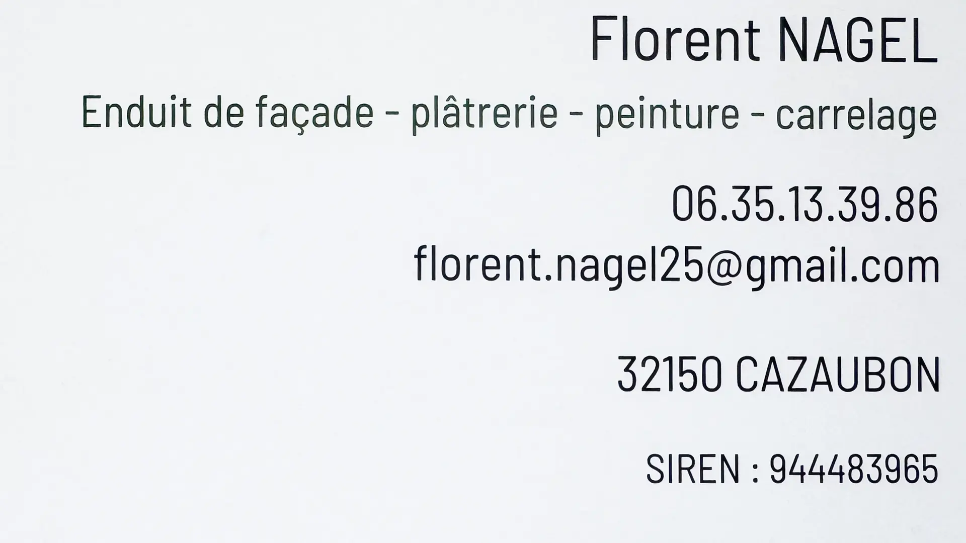 Florent Nagel - Façades, plâtrerie, peinture - carte de visite