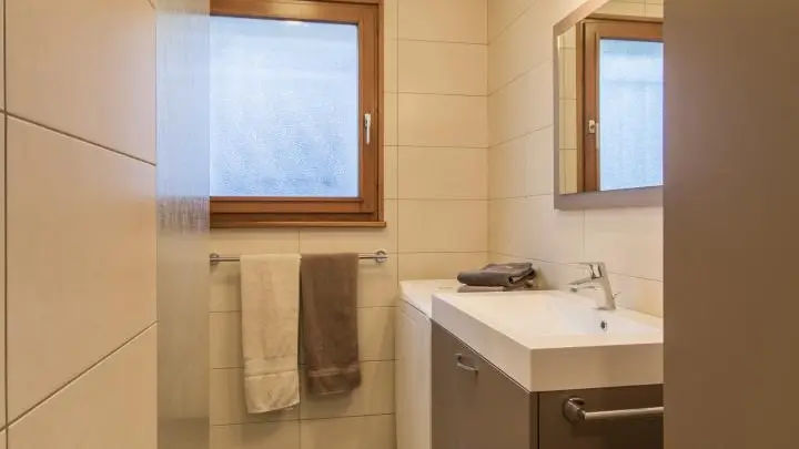 Salle d'eau : vasque sur meuble, douche à l'italienne, lave-linge.