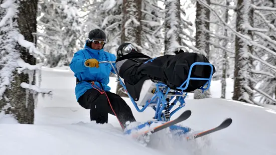 Descnente en Tandem'flex dans la poudreuse en forêt