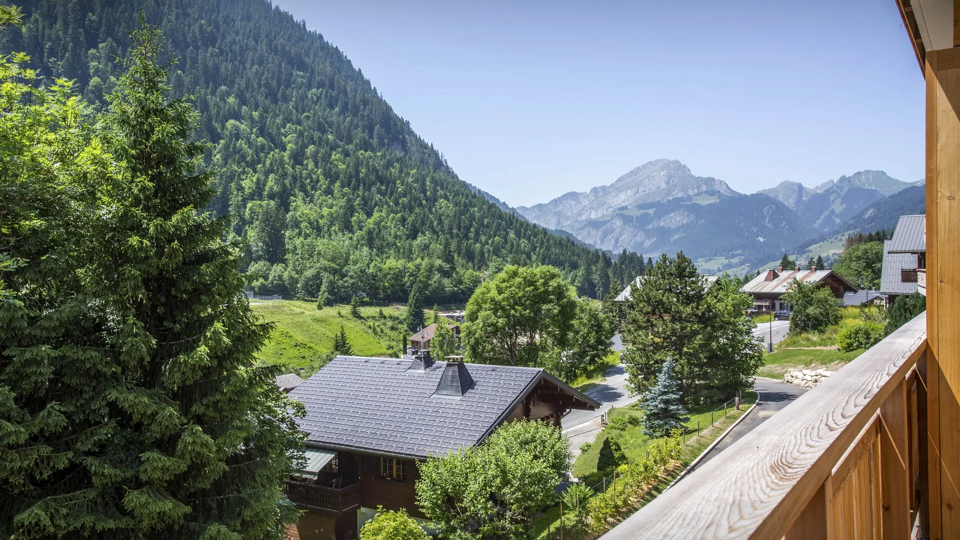 Vue sur les montagnes et la vallée depuis le balcon en été