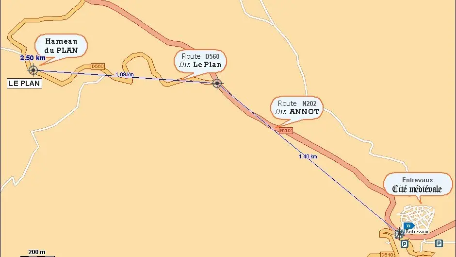 Plan d'accès à partir du village d'Entrevaux