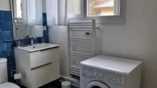 Salle de bains avec toilettes, lavabo et machine à laver