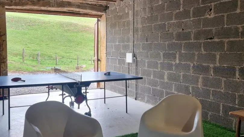 Garage aménagé : salon de jardin, table de ping-pong.