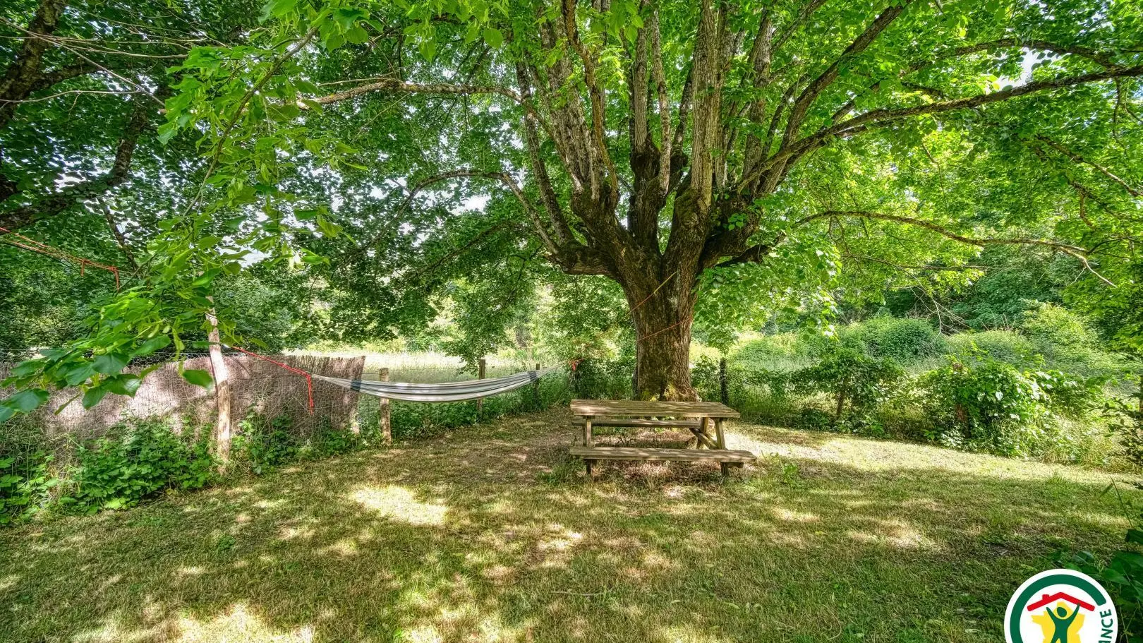 Le jardin avec son hamac et sa table ombragée sous le grand tilleul pour les chaudes journées d'été