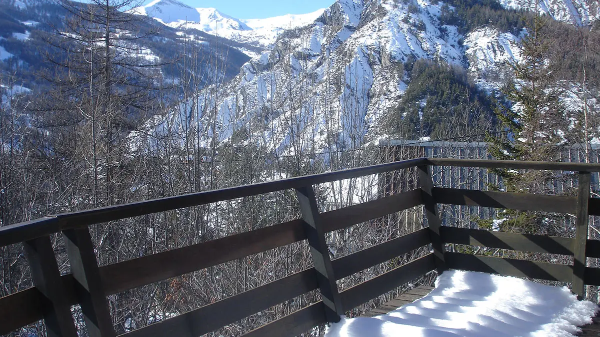 balcon de chalet, vue dégagée, nature et montagne enneigées