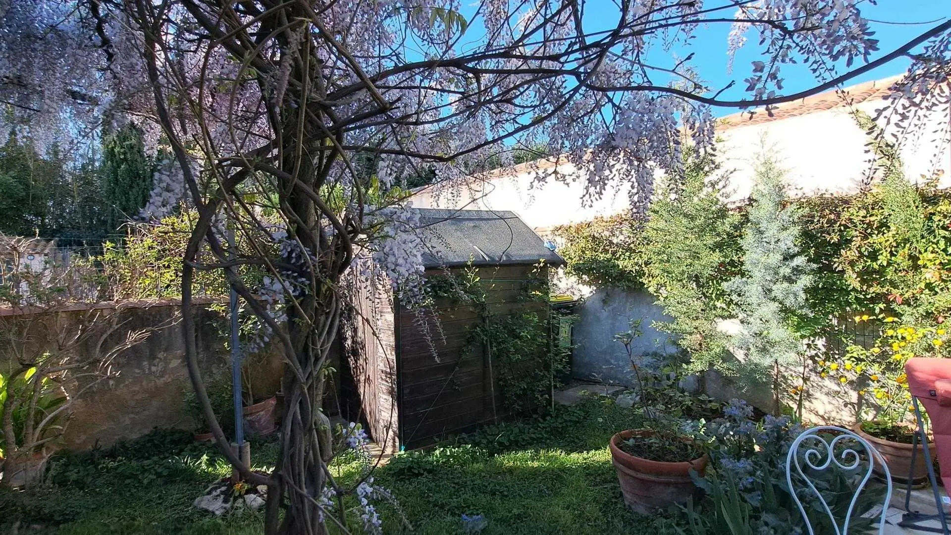 A l'ombre de la glycine sous un ciel bleu azur de la terrasse de l'Oustau dei Aucèus.