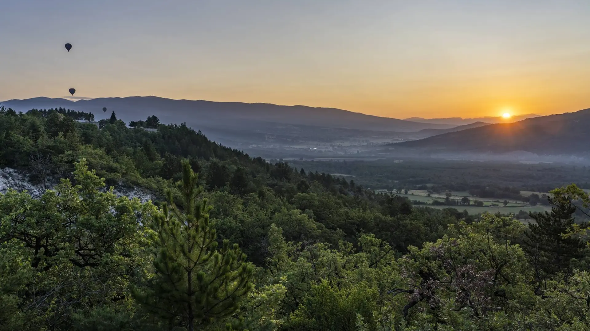Montgolfières au levé du jour depuis les hauteurs de Limans