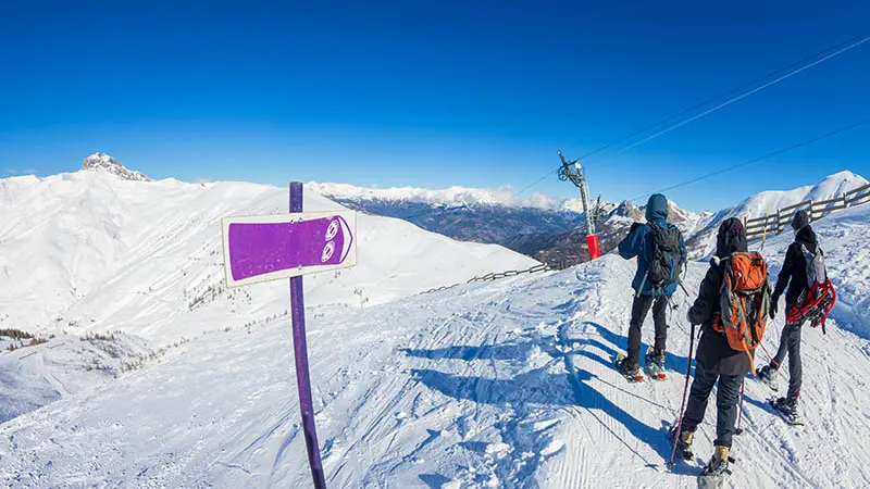 3 randonneurs en raquette au sommet d'un sentier de randonnée se situant près d'un téléski visible, grande surfaces enneigées et montagnes