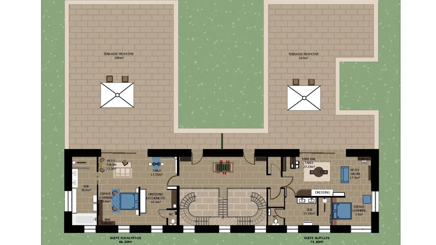 plan  étage des suites et terrasses privatives