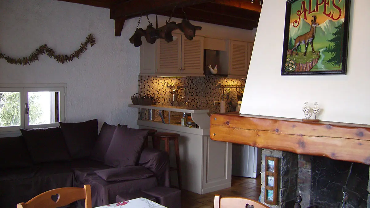 séjour avec coin cuisine, canapé, cheminée et fenêtres