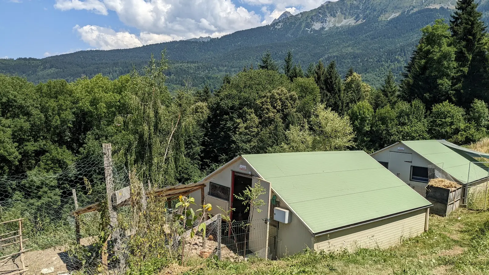 Un poulailler situé dans un environnement montagneux. On distingue plusieurs bâtiments agricoles avec des toits en pente, entourés de champs et d'arbres.