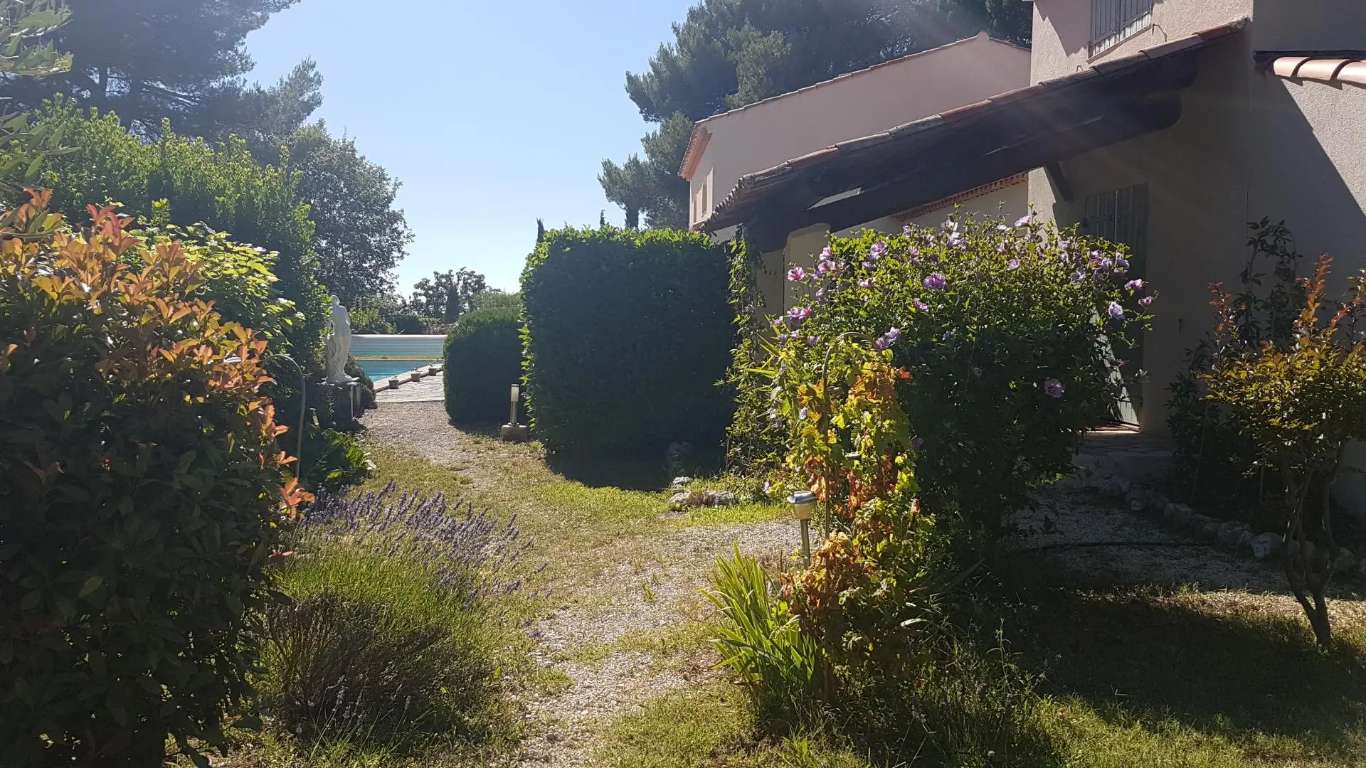 Vue du gîte sur la piscine