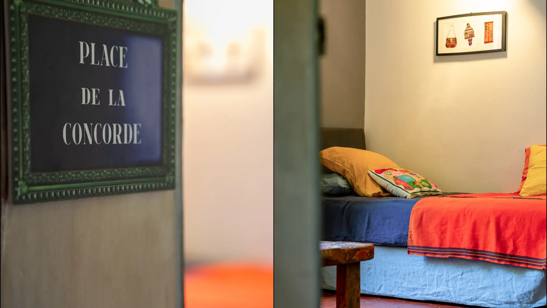 Chambre colorée avec lits simples, ambiance chaleureuse et familiale.