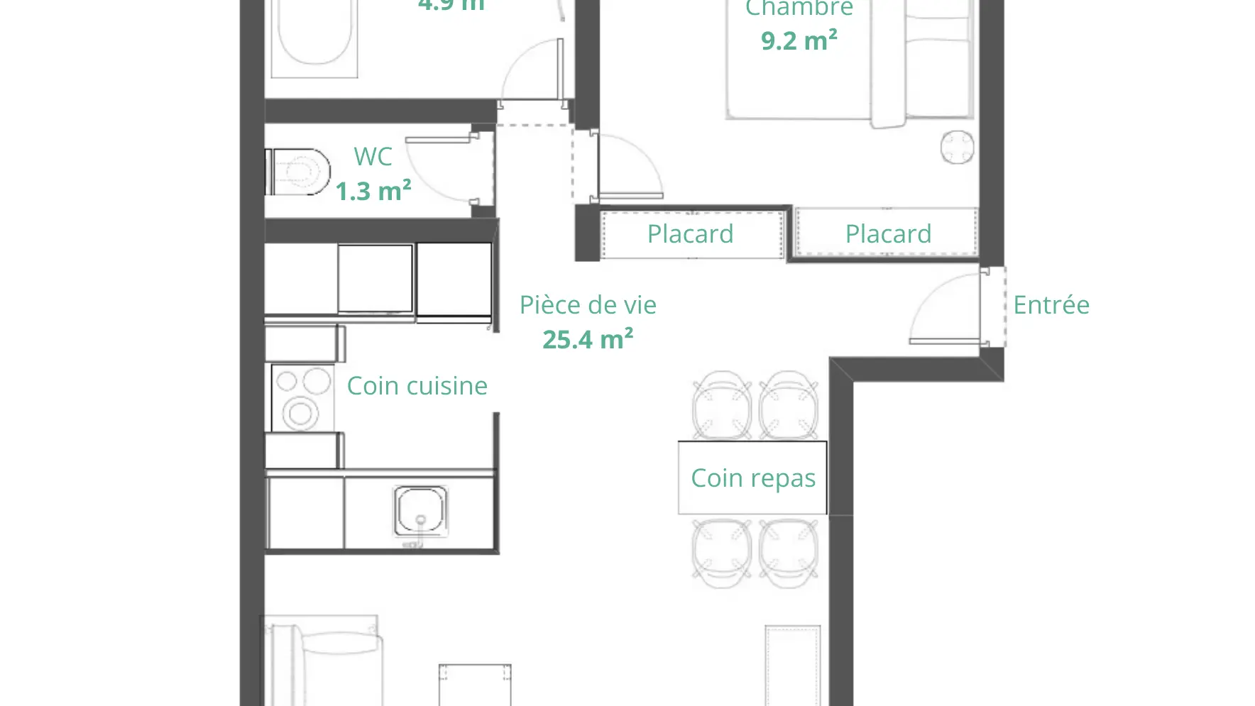 Ce plan d'appartement révèle une pièce de vie ouverte, comprenant un espace cuisine, un coin repas et un salon. Une chambre indépendante ainsi qu'une salle de bain et des toilettes séparées sont accessibles depuis l'entrée. Des placards sont aménagés dans la chambre.