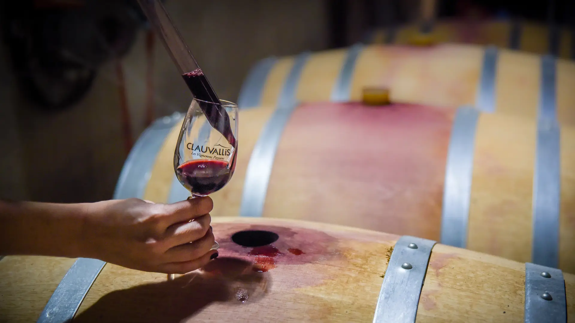 Vin rouge Clauvallis prélevé en fût de chêne, scène de dégustation traditionnelle.