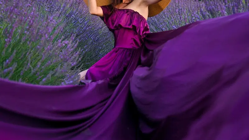 Robe violette et champ de lavandes