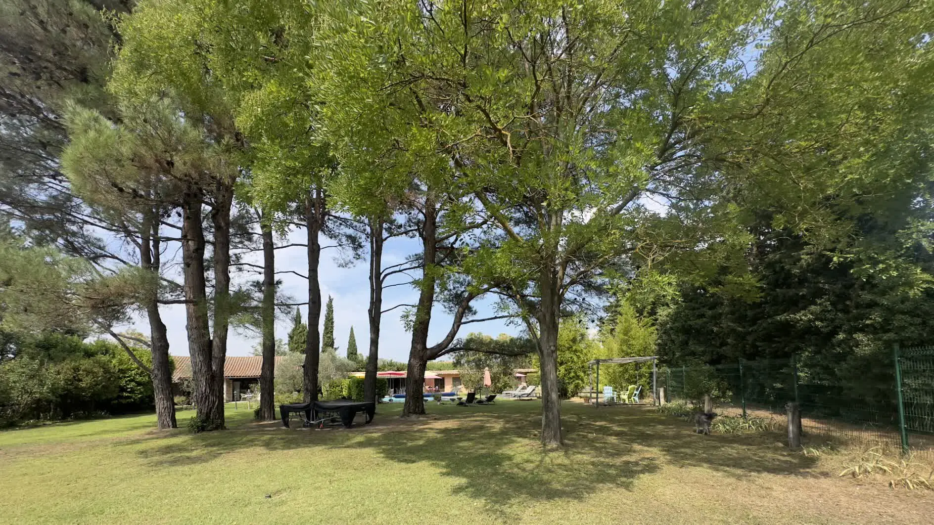 Vue sur le parc arboré et le Mas, un cadre verdoyant et paisible propice au repos et à la déconnexion.