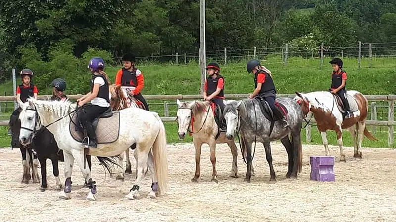 Un groupe suit un stage d'équitation sur une piste sécurisée