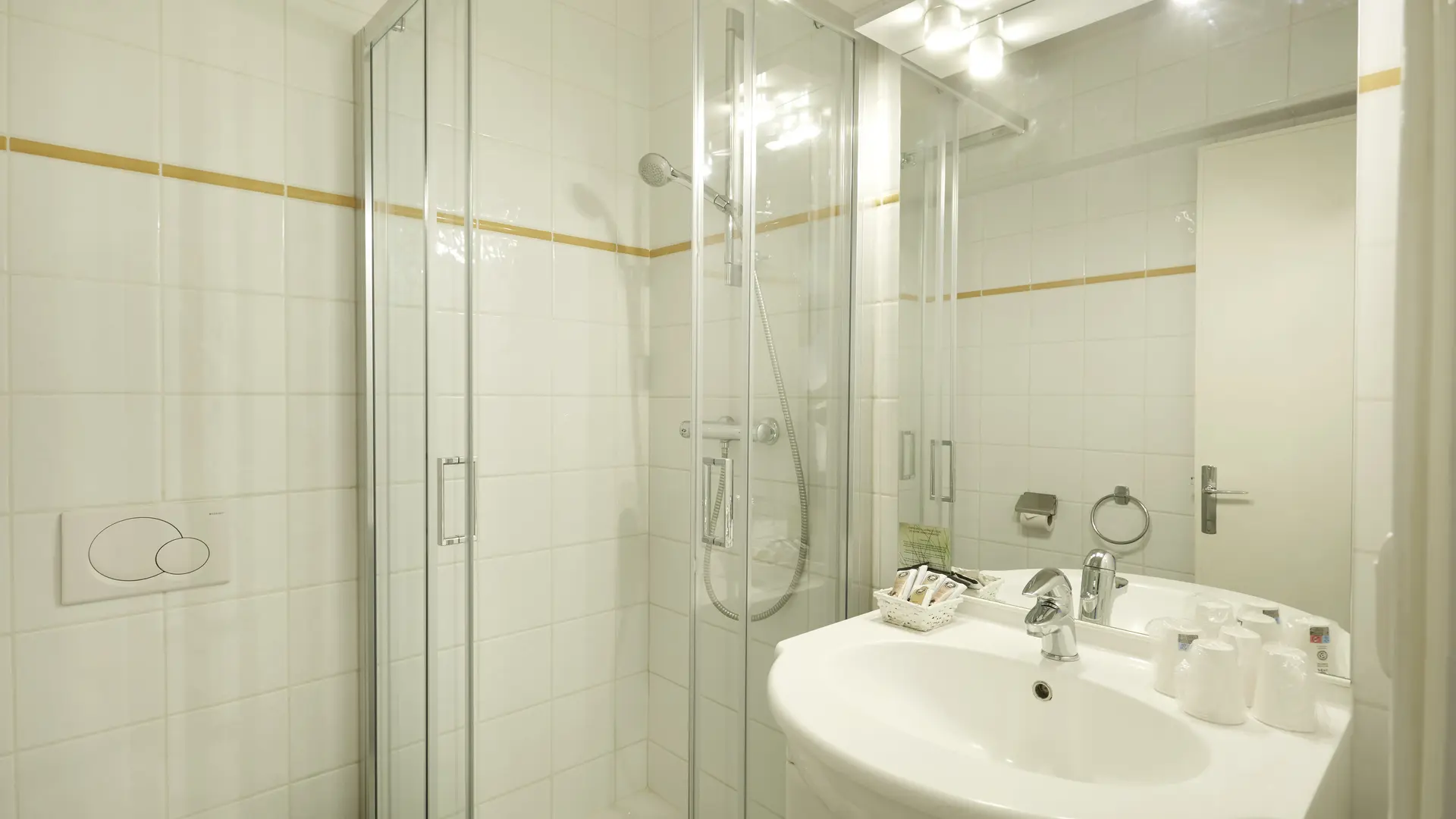 Salle de bains avec douche et lavabo, grand miroir