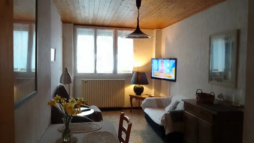 Ce salon est meublé d'un canapé, d’une télévision d'une table et de chaises, et est éclairé par une lampe suspendue et une lampe de bureau.