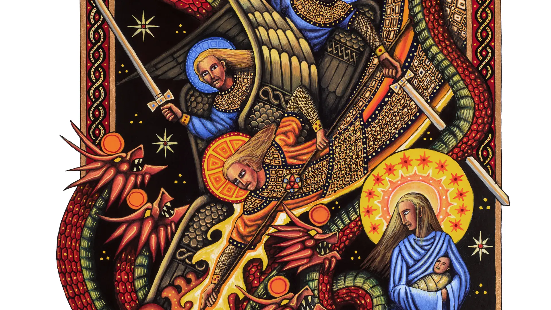 Enluminure : La bataille dans le ciel, Gouache sur papier, 2023