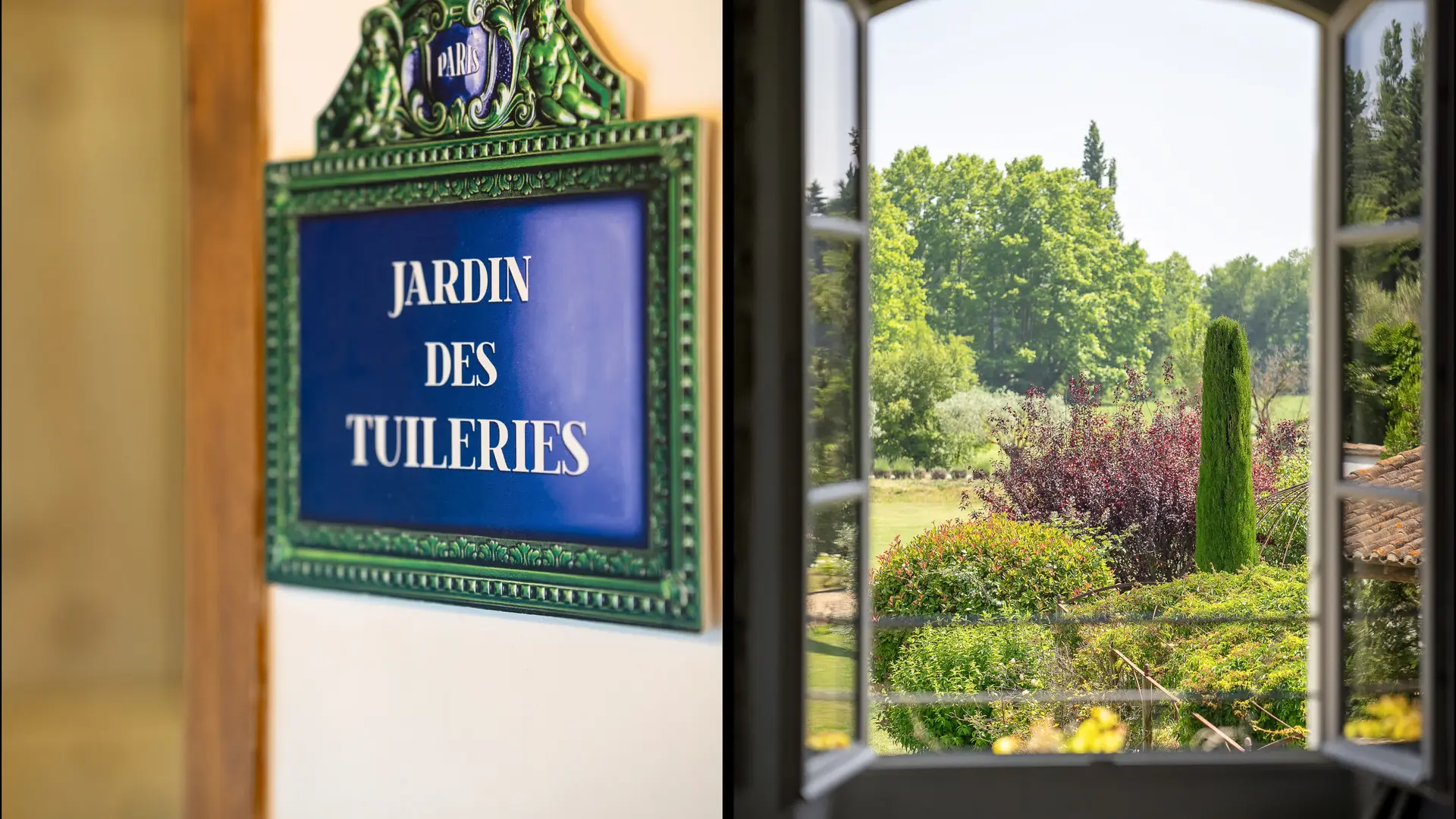 Plaque Jardin des Tuileries et vue verdoyante depuis la fenêtre, donnant sur un jardin fleuri et arboré.