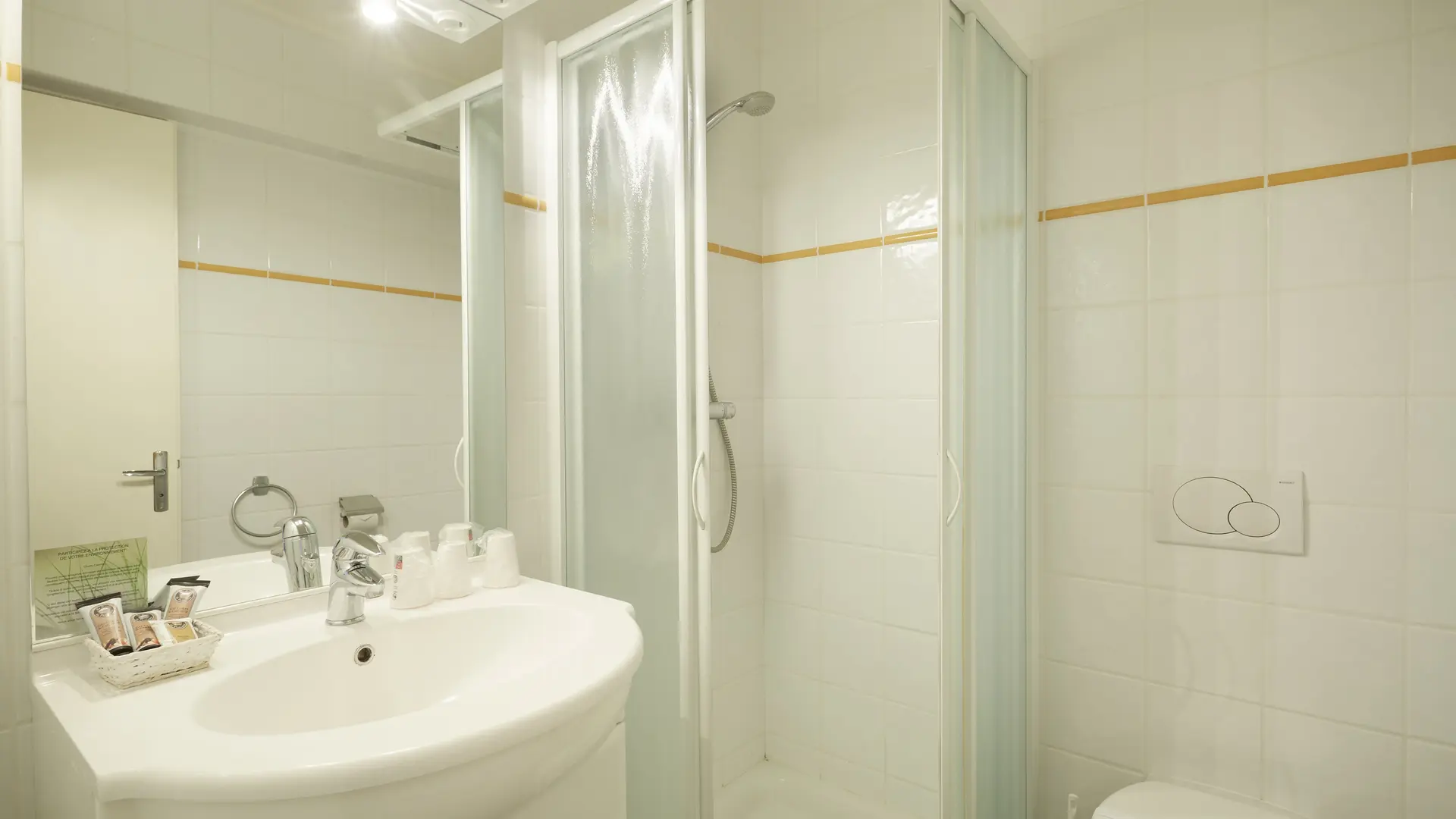 Salle de bains avec douche, lavabo, toilettes