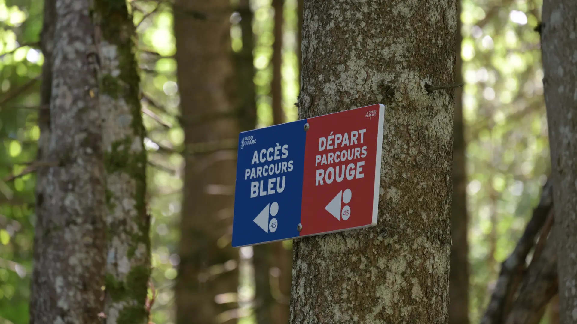 Balisage du ludopark avec 2 panneaux pour les parcours bleu et rouge