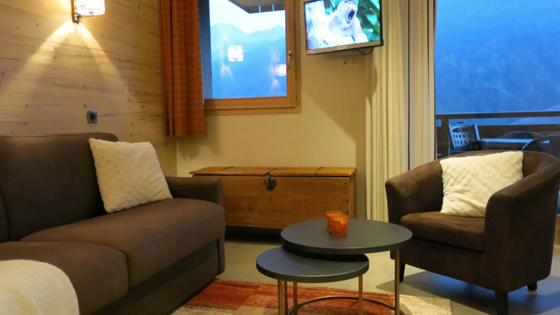Séjour avec canapé et télévision/Living room with a sofa and a television-Boiseraie n°1-Le Grand-Bornand