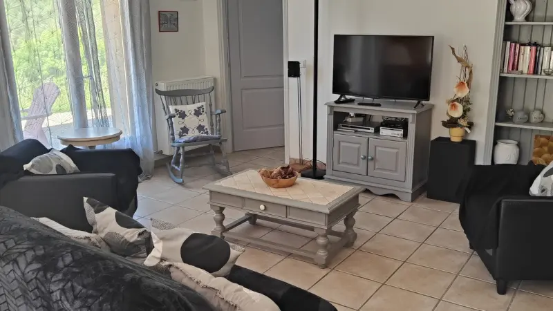 Séjour lumineux avec canapé, fauteuil, décoration d'intérieur, TV