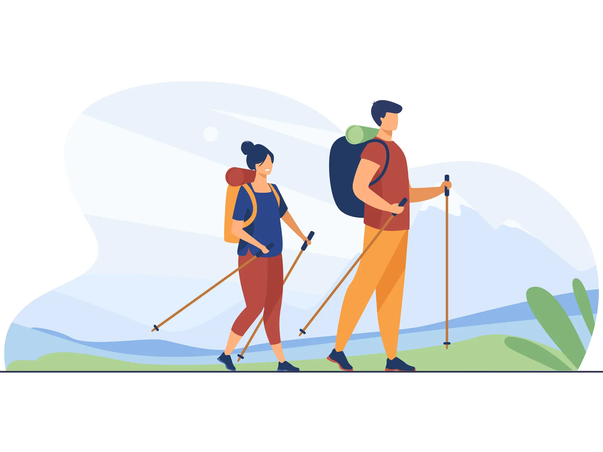 Couple with backpacks walking outdoors