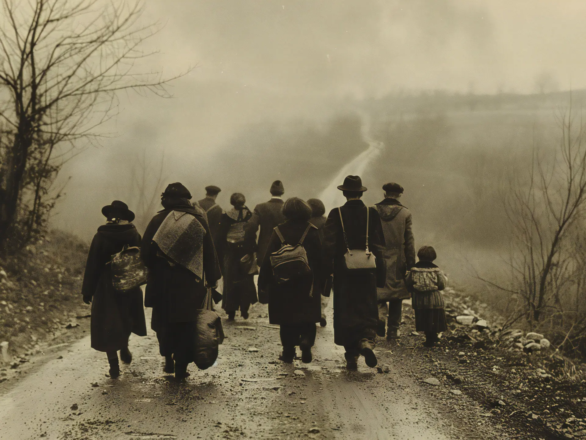 Stock photo of a group of people walking down a road, in the style of post war, poignant, associated press photo, jewish life scenes, piles stacks, italian landscapes, folkloric, --ar 3:2 --style raw --stylize 250 --v 6