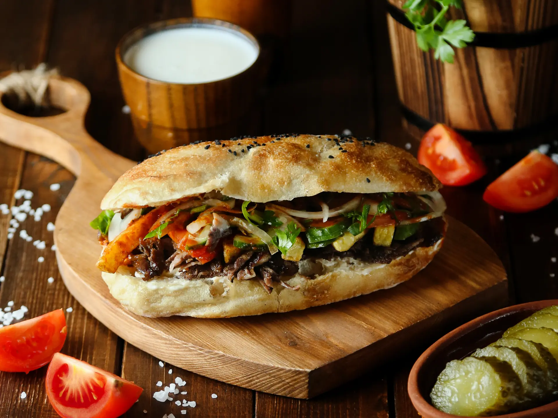 meat doner in the bread on wooden board