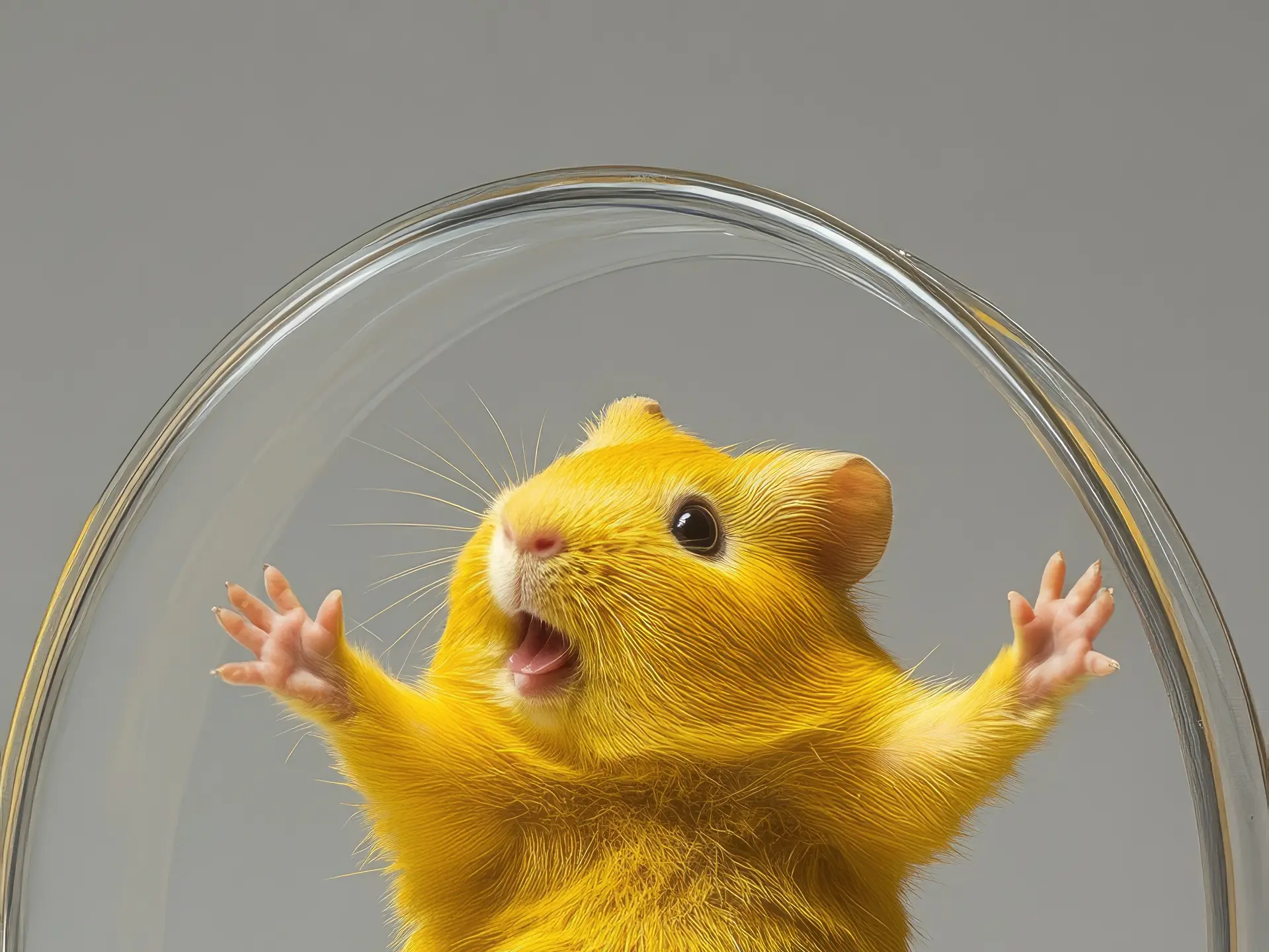 A playful yellow hamster appears to be running in a wheel-like structure.