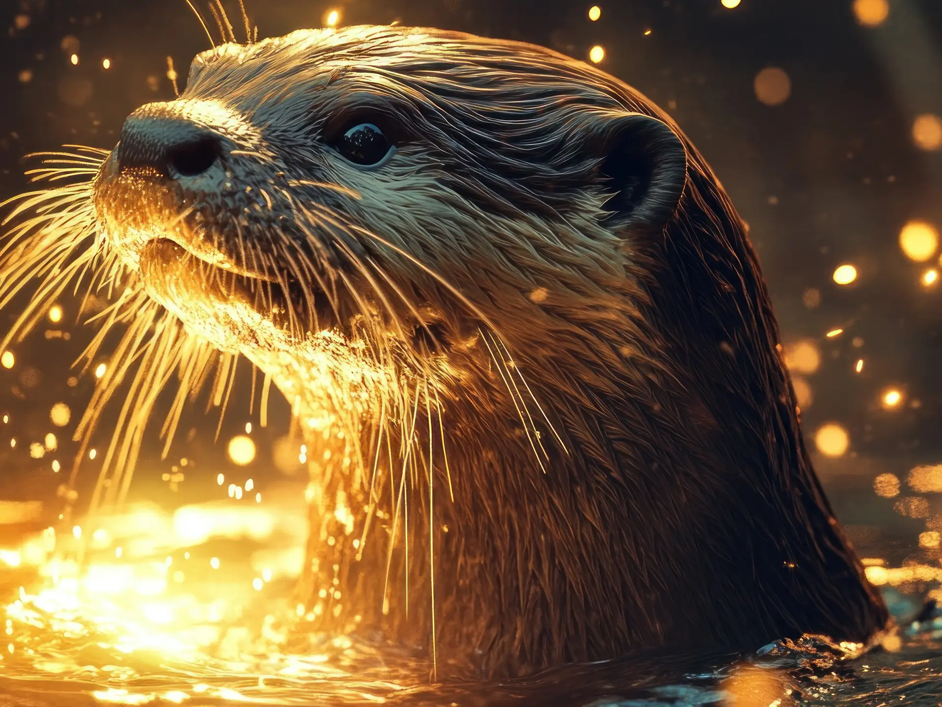 Magical otter emerging from glowing water.