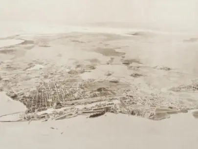 Vue recadrée du lavis représentant Saint-Nazaire en 1933