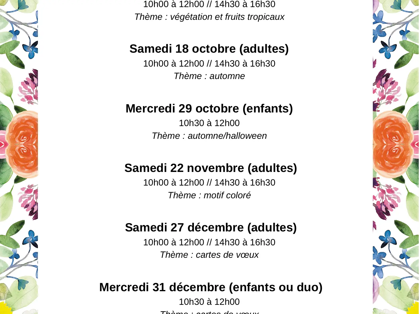 Liste des ateliers