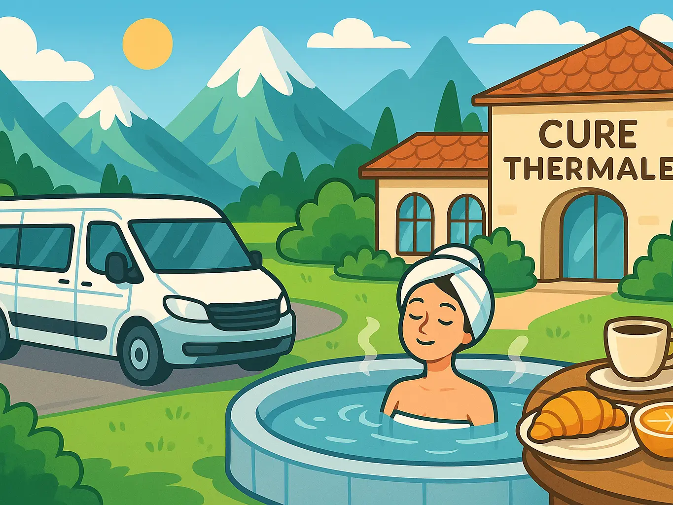 Cette illustration aux couleurs vives représente un centre de cure thermale en montagne avec une femme relaxante dans un bain à remous extérieur, un minibus garé à proximité et un plateau de petit-déjeuner sur le côté droit.