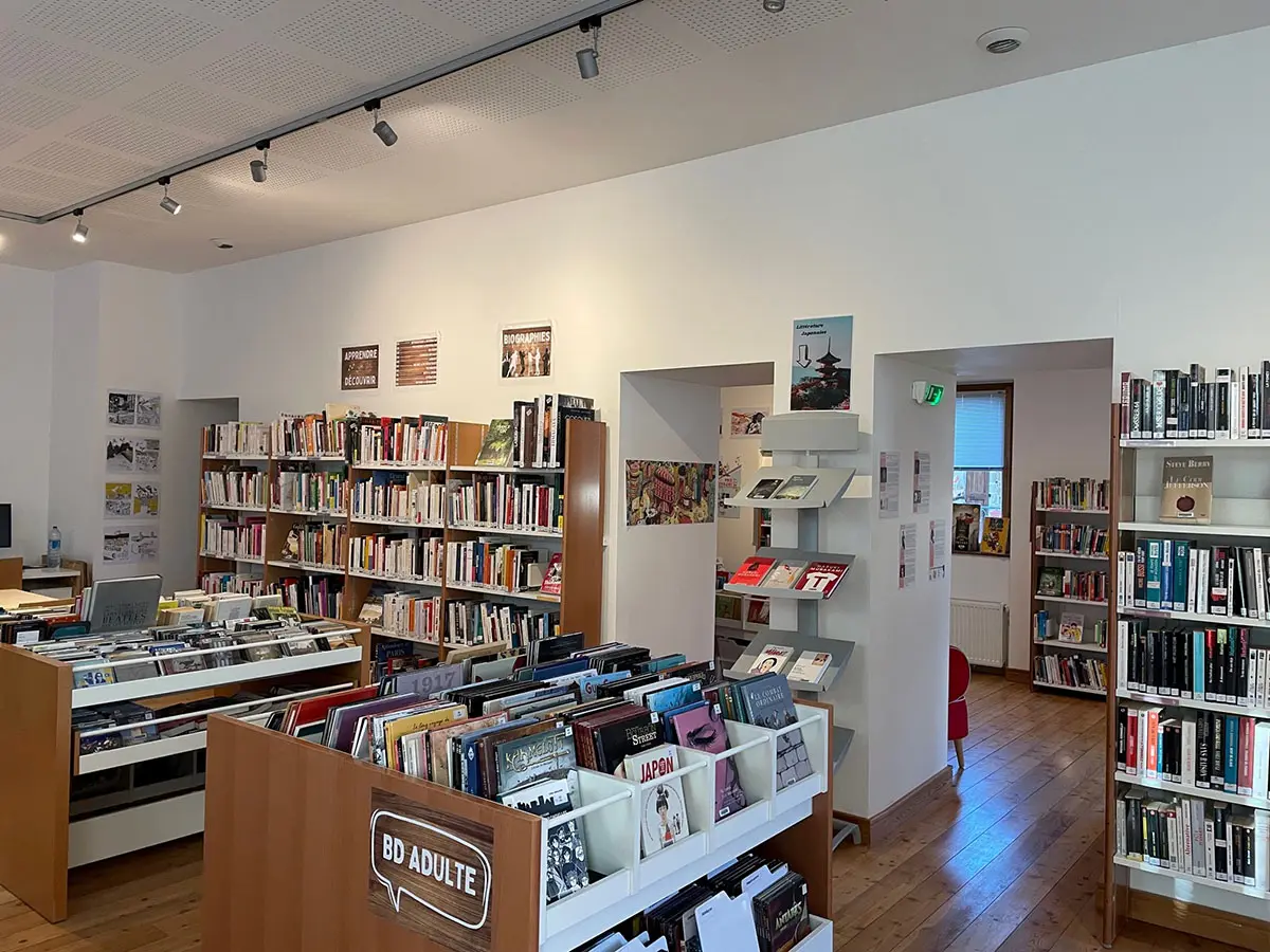 Salle de médiathèque, meubles de rangements et bibliothèques comprenant romans, BD, albums, romans, DVDs, romans graphiques, ordinateur. Ouvrages rangés par catégories