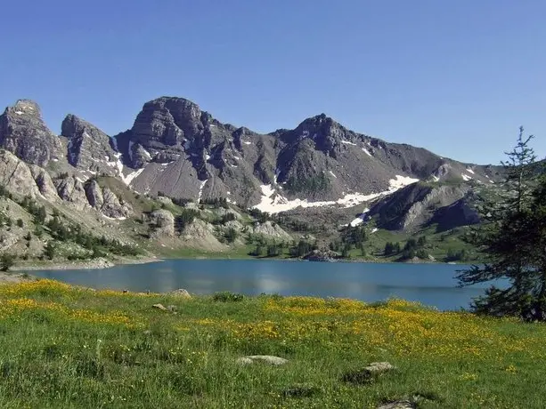 Randonnée lac d'Allos au mois de juillet, nombreuses fleurs encore présentes et des névés résiduels au pied des Tours du lac.