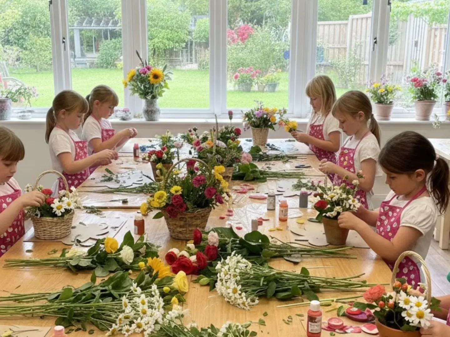 Enfants en train de créer une création florale