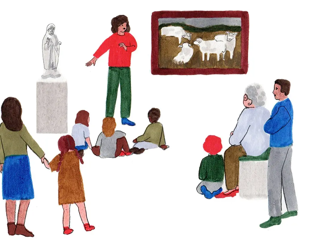 dessin qui représente une guide qui parle devant des familles