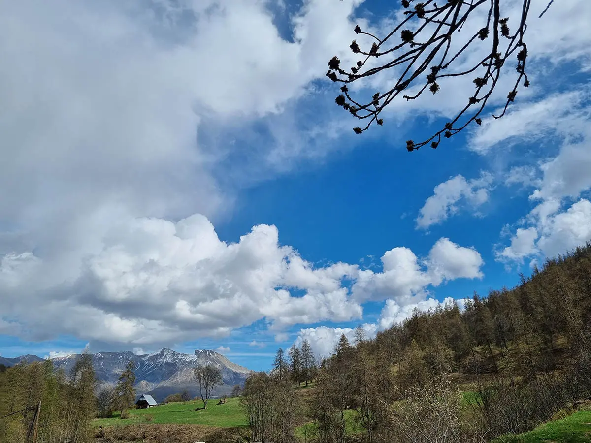 Panorama du petit hameau de Prémin, situé sur le flanc d'une montagne boisée. Montagnes en arrière-plan