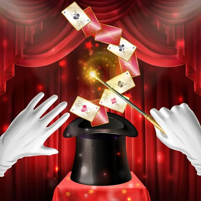 Magic show trick with cards flying out black hat