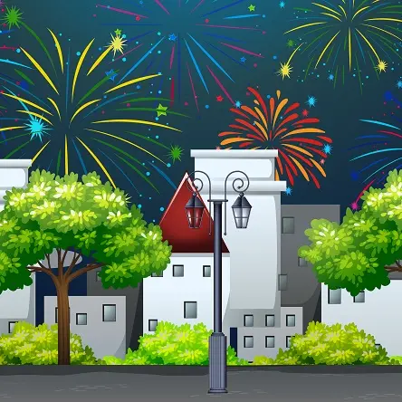 Cityscape with celebration fireworks scene