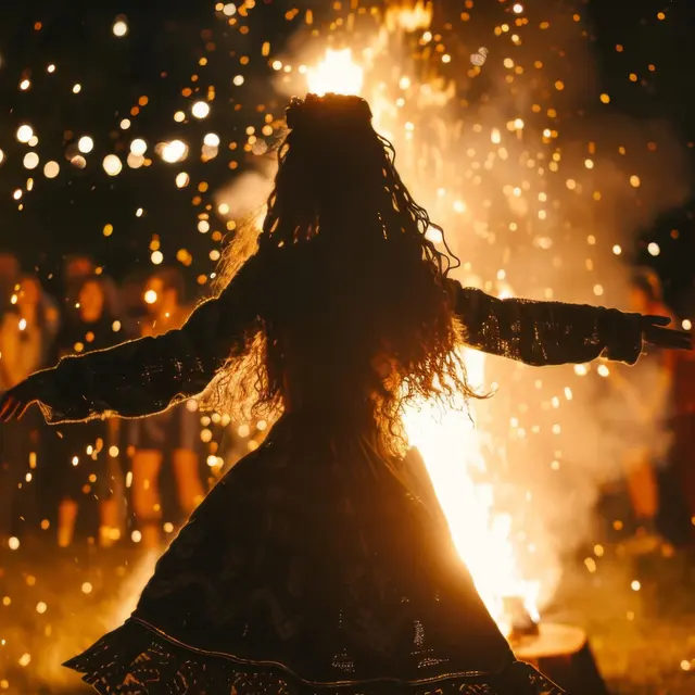 Woman dancing around bonfire at night with people around. Summer Solstice Day, Midsummer, Litha, Ivan Kupala celebration. Slavic pagan holiday. Wiccan ritual, witchcore aesthetics.
