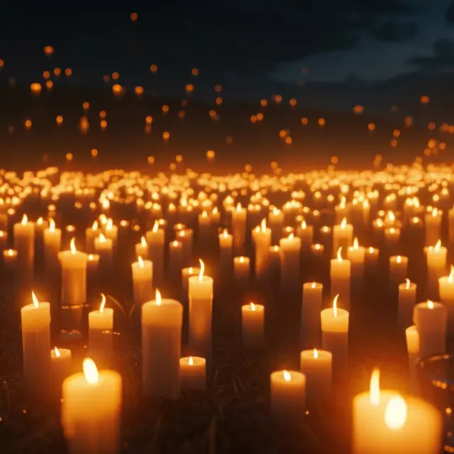 scene of a candlelight vigil with hundreds of candles glowing brightly against the dark night sky, poster