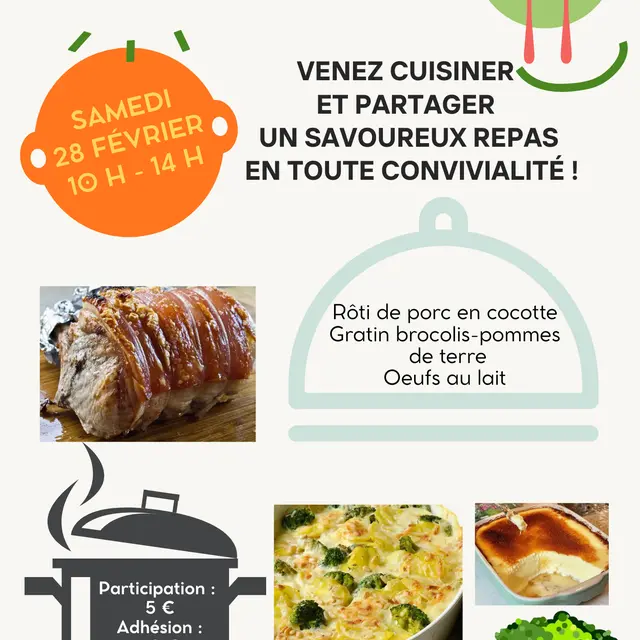 Flyer Annonce Evènement Atelier Cuisine Végétale Bio Restaurant Photos Moderne Rond Vert  - atelier cuisinefévrier 2026